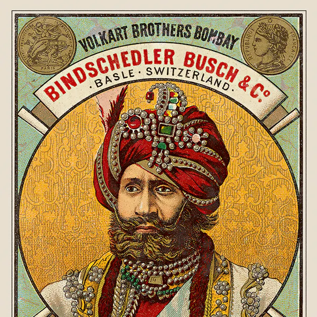 Label by Bindschedler & Busch (later CIBA) for India. 1873–1884. Printers unknown. Probably the Maharajah Ranbir Singh (1830–1885). The medals again represent prizes won at major exhibitions.