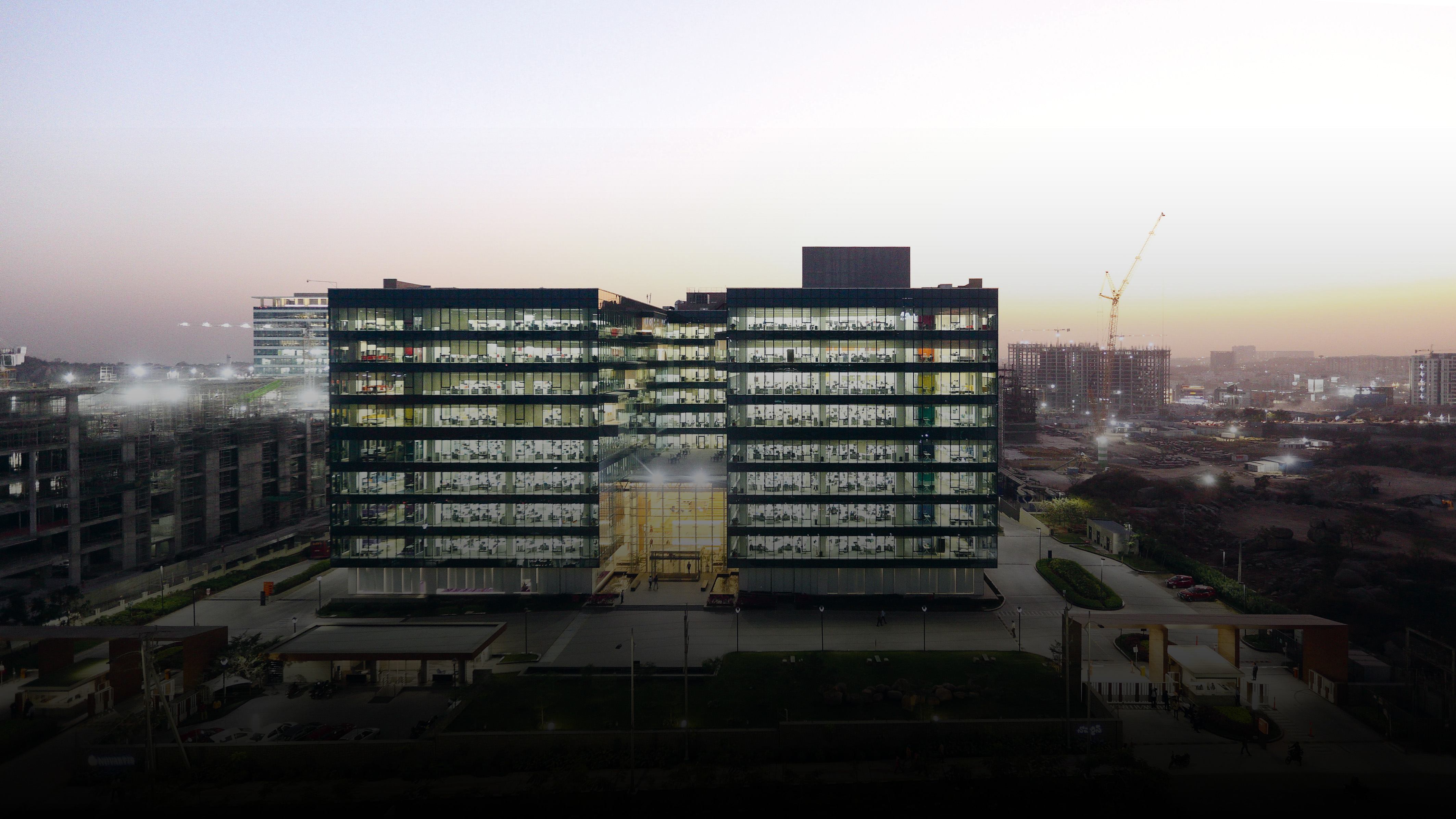 A rainbow-colored crystal during the night. The Novartis Knowledge City in Hyderabad.