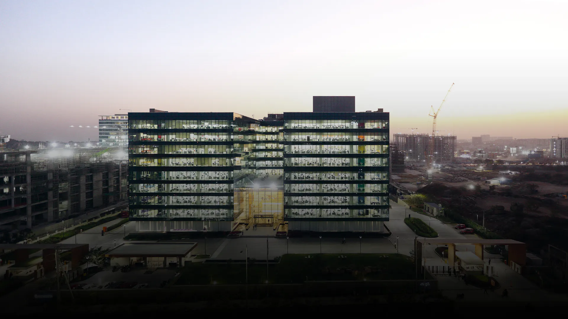 A rainbow-colored crystal during the night. The Novartis Knowledge City in Hyderabad.