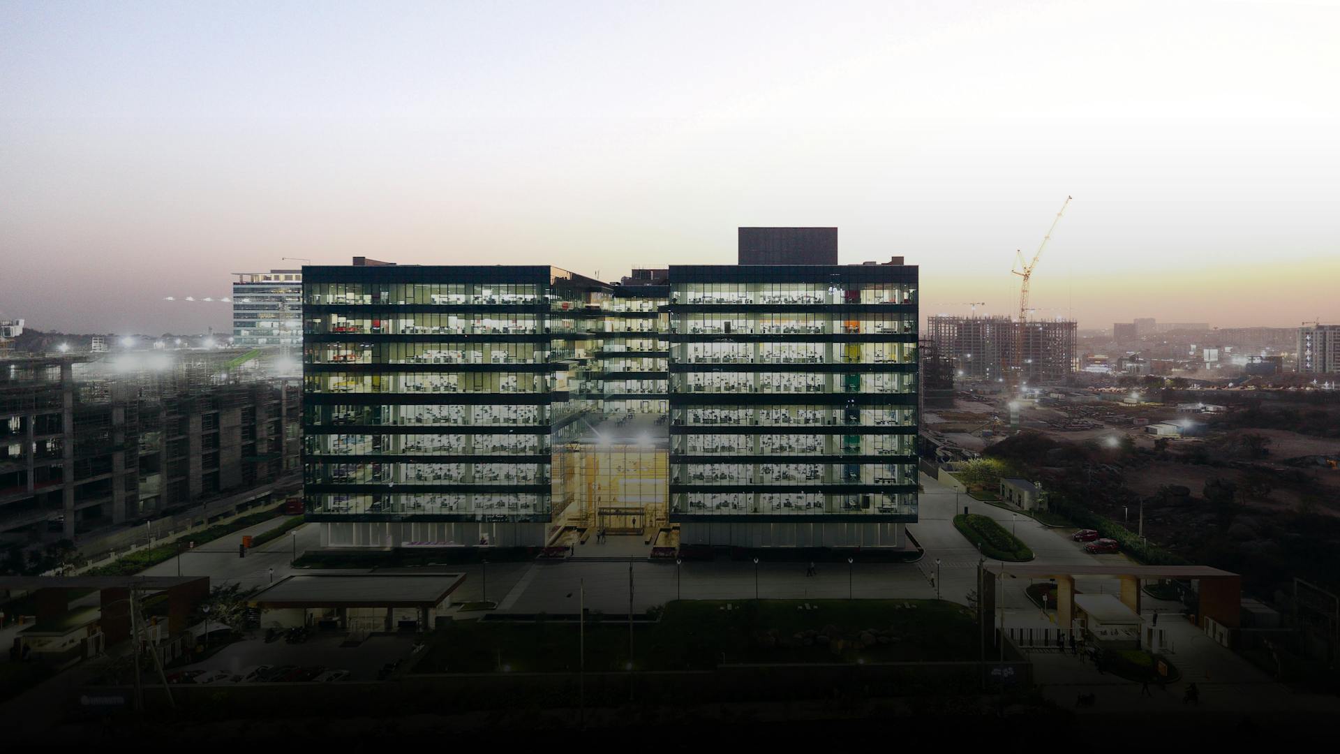 A rainbow-colored crystal during the night. The Novartis Knowledge City in Hyderabad.