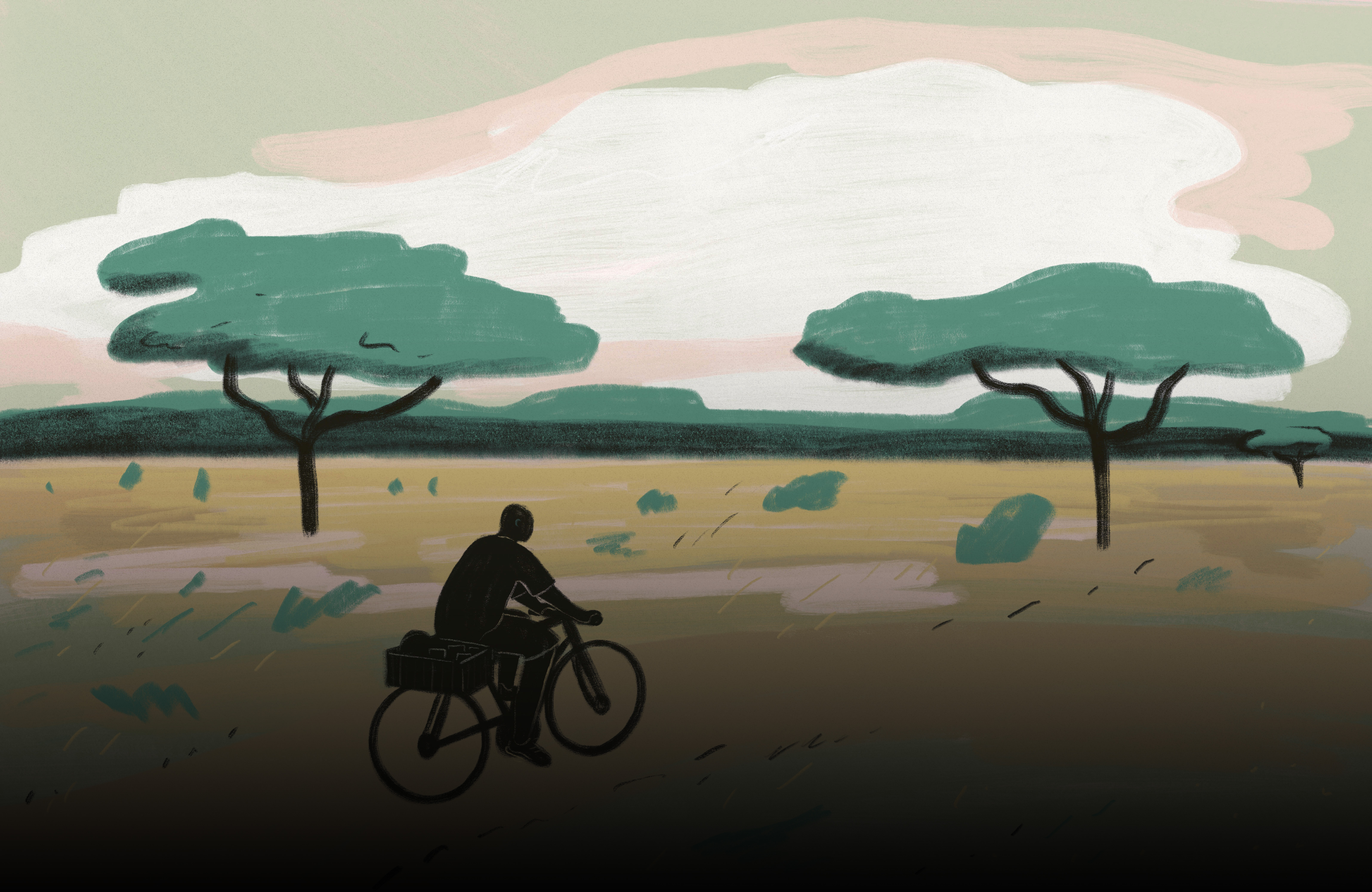 Illustration men on bicycle in Kenia's nature.