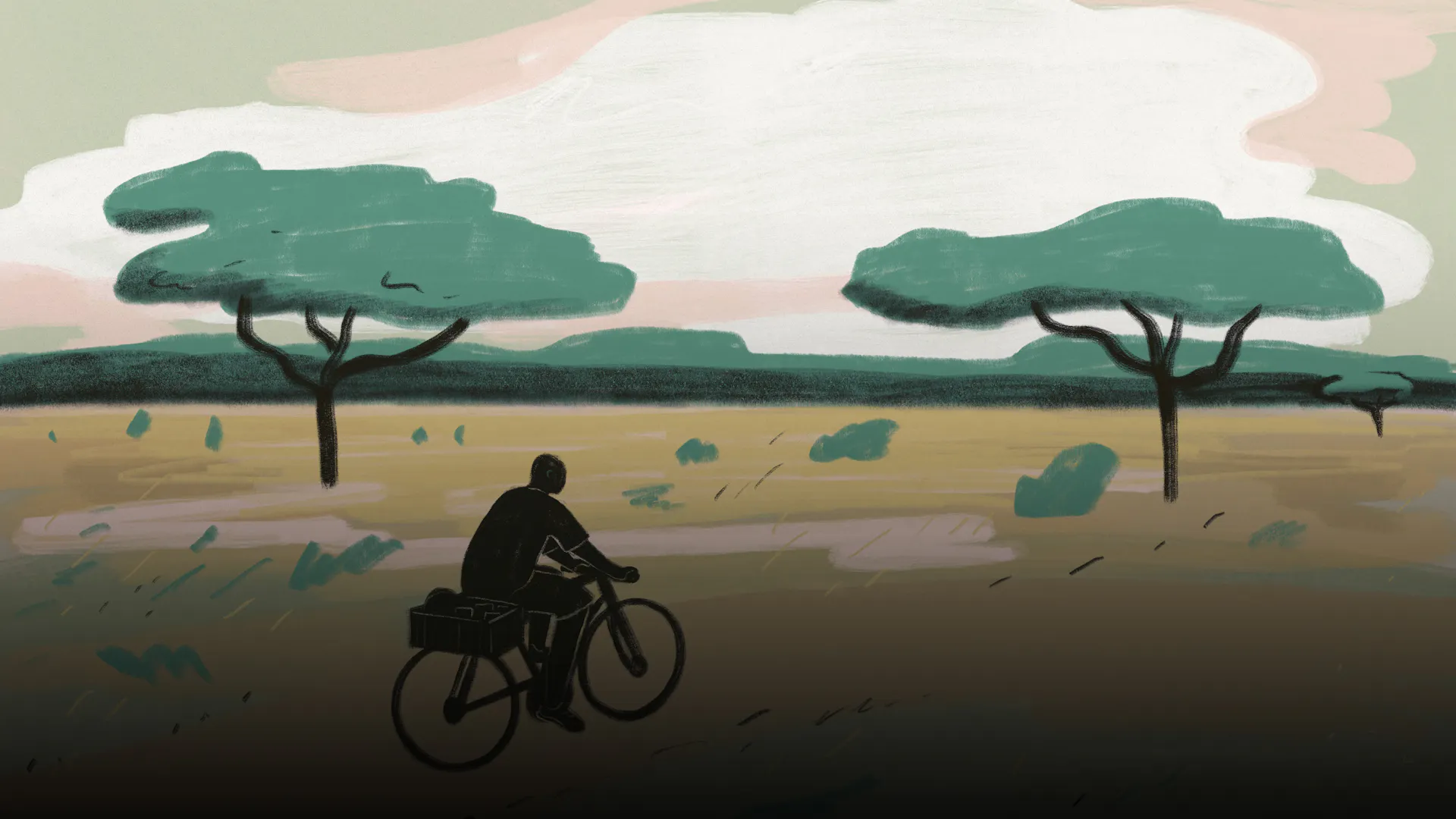 Illustration men on bicycle in Kenia's nature.