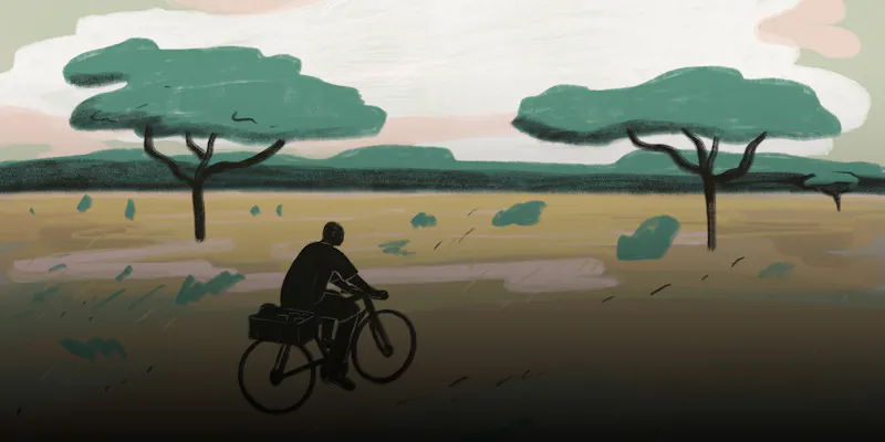Illustration men on bicycle in Kenia's nature.