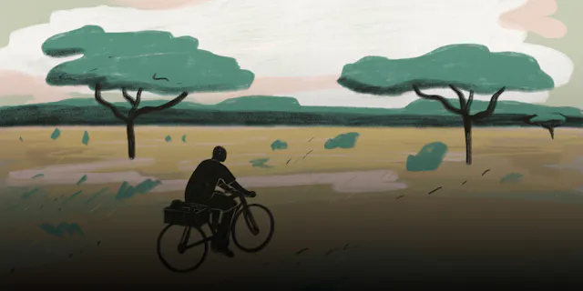 Illustration men on bicycle in Kenia's nature.