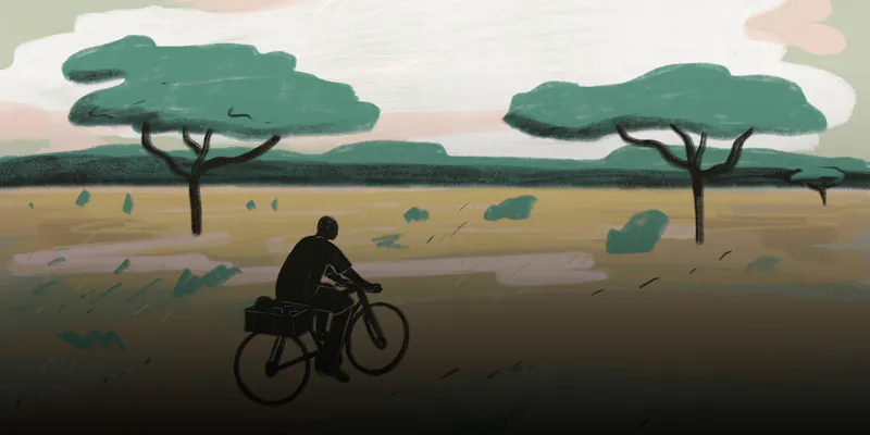 Illustration von Fahrradfahrer mitten in Kenias Natur. 