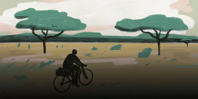 Illustration von Fahrradfahrer mitten in Kenias Natur.