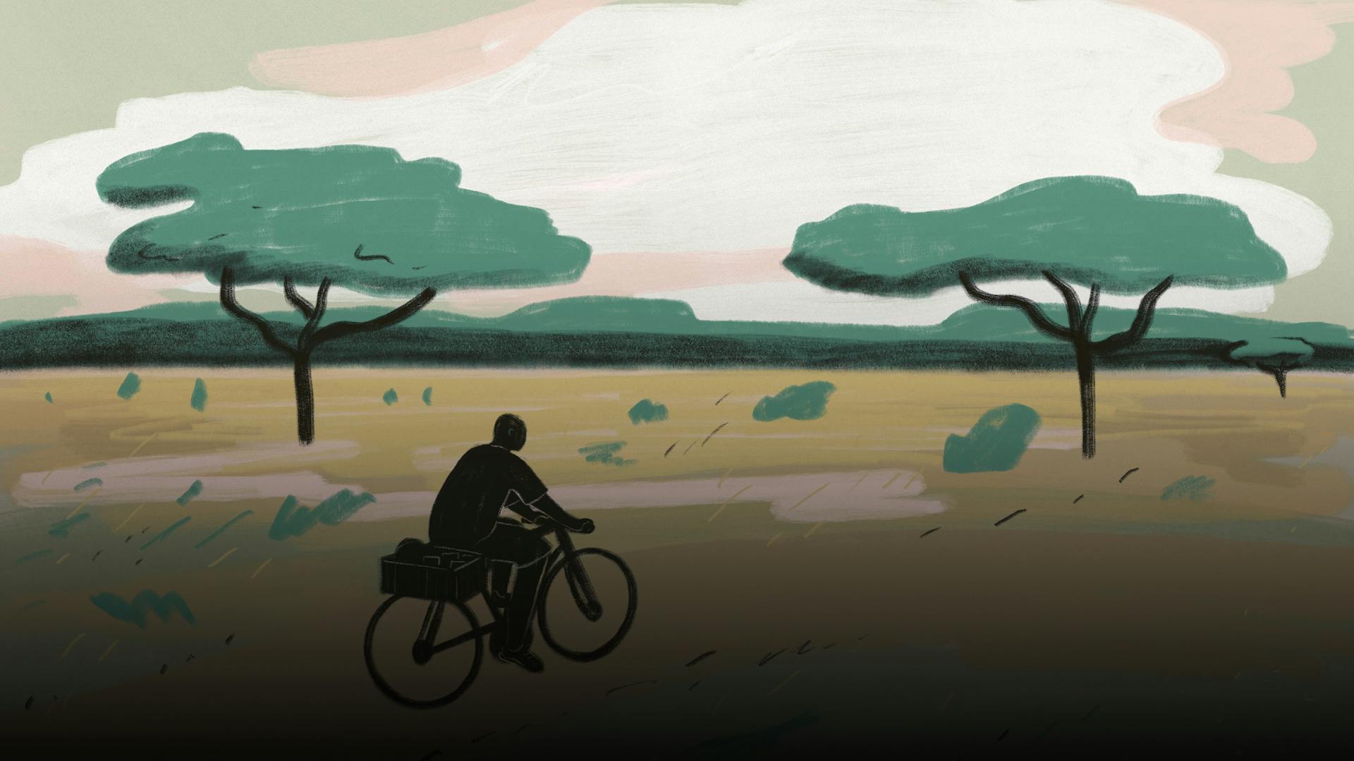 Illustration men on bicycle in Kenia's nature.