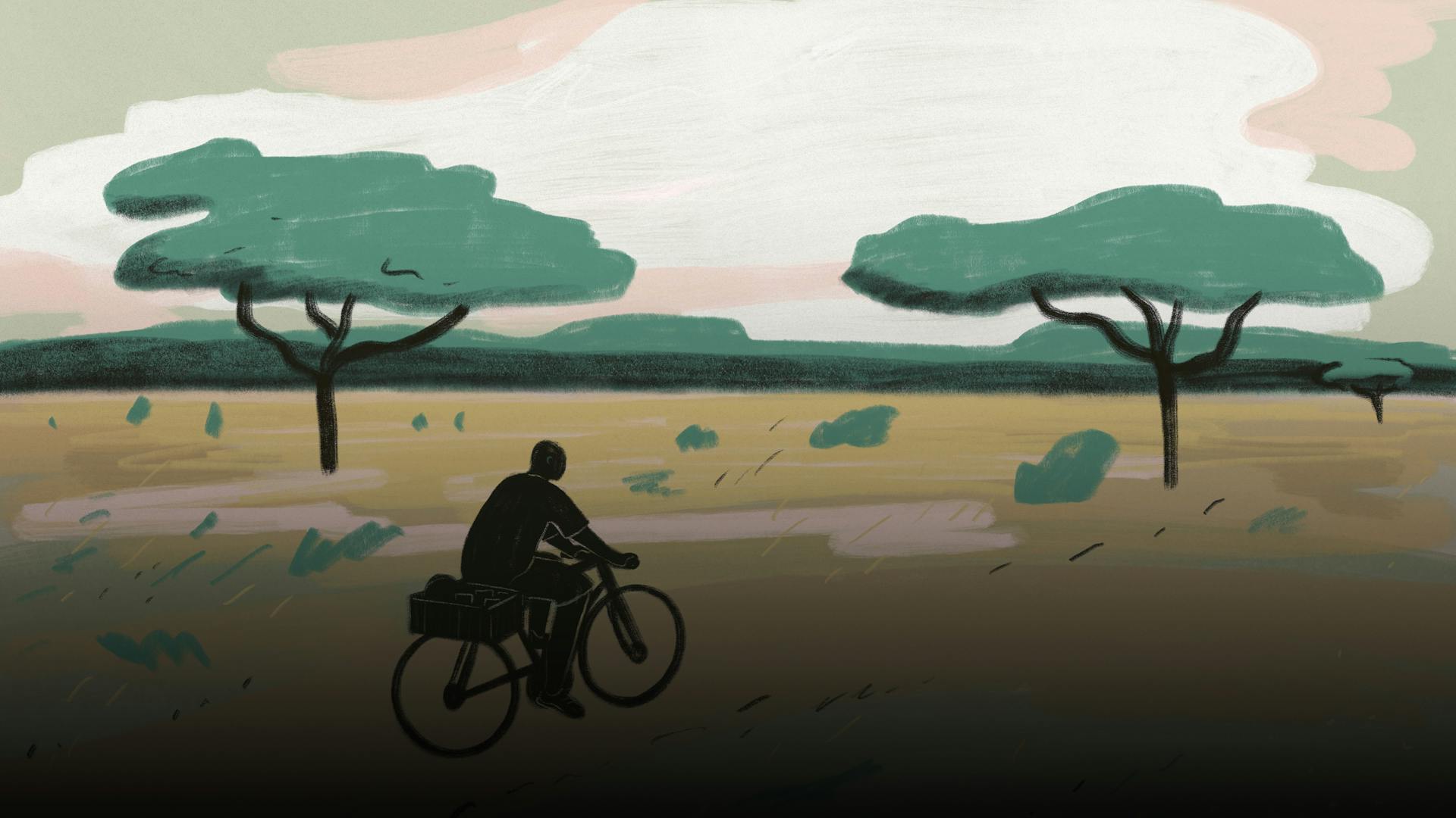 Illustration von Fahrradfahrer mitten in Kenias Natur.