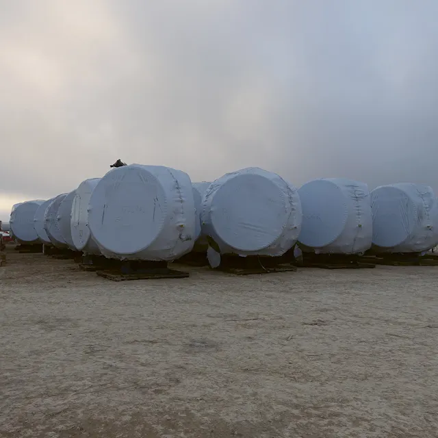 Wind turbine components wait to be installed.