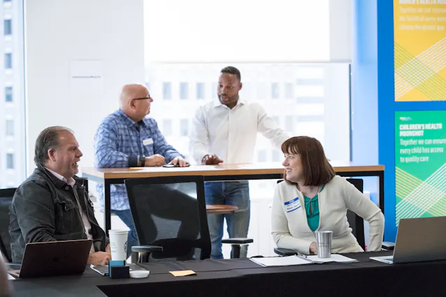 Robin Roberts, standing, and Patti White during a meeting at the Biome in San Francisco.