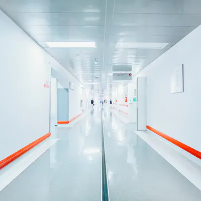 A sterile hospital corridor, which is a common setting for clinical trials