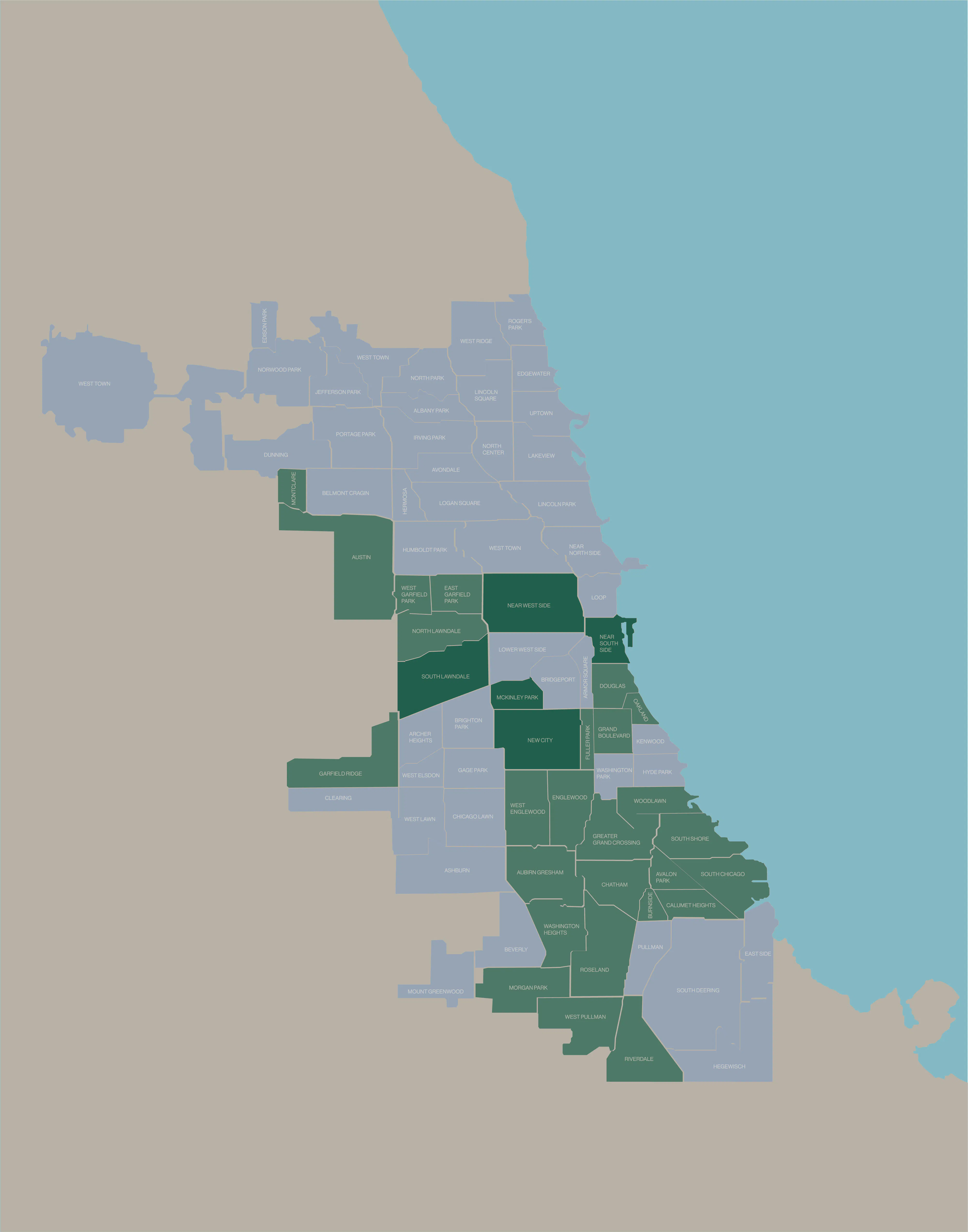 Illustrated map of the Chicago Districts.