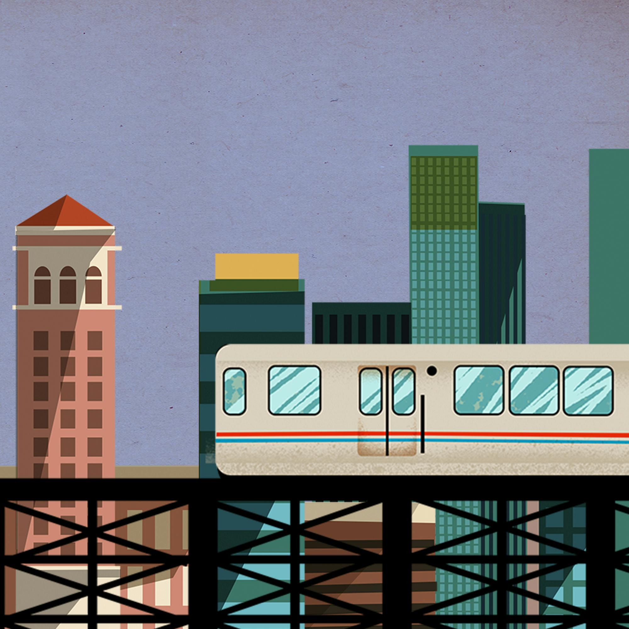 Illustration of Chicago trainline in front of skyline.