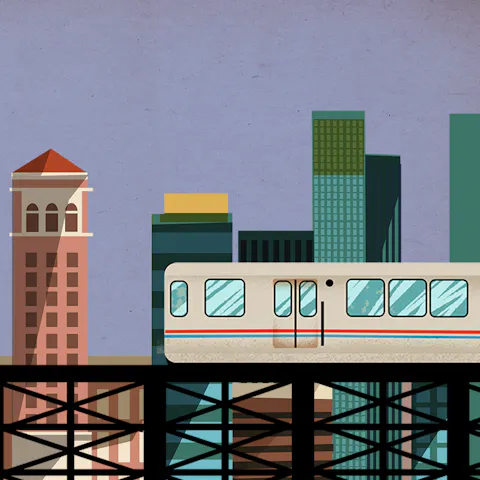 Illustration of Chicago trainline in front of skyline.