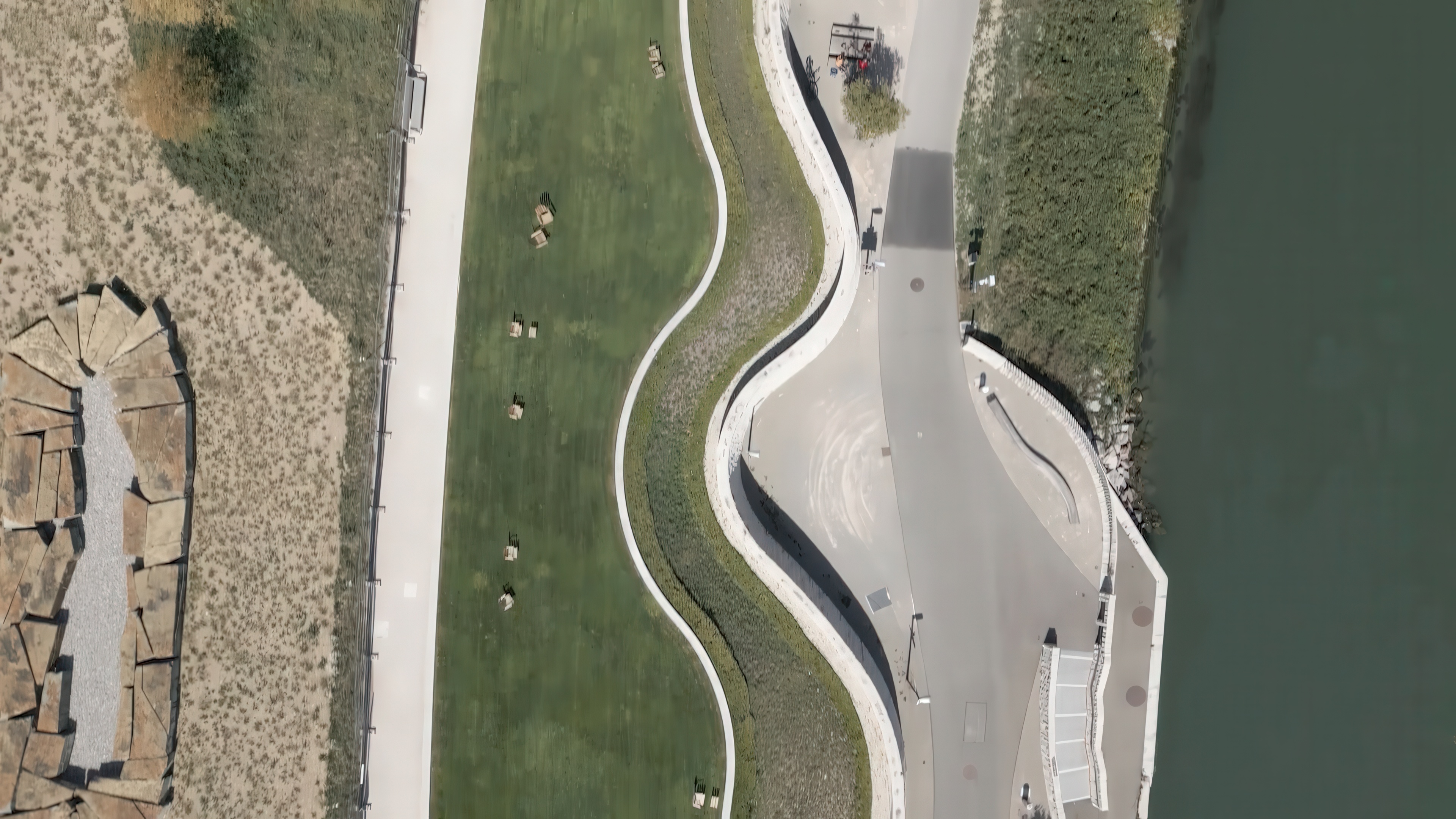 Aerial view of shoreline at the Novartis Campus.