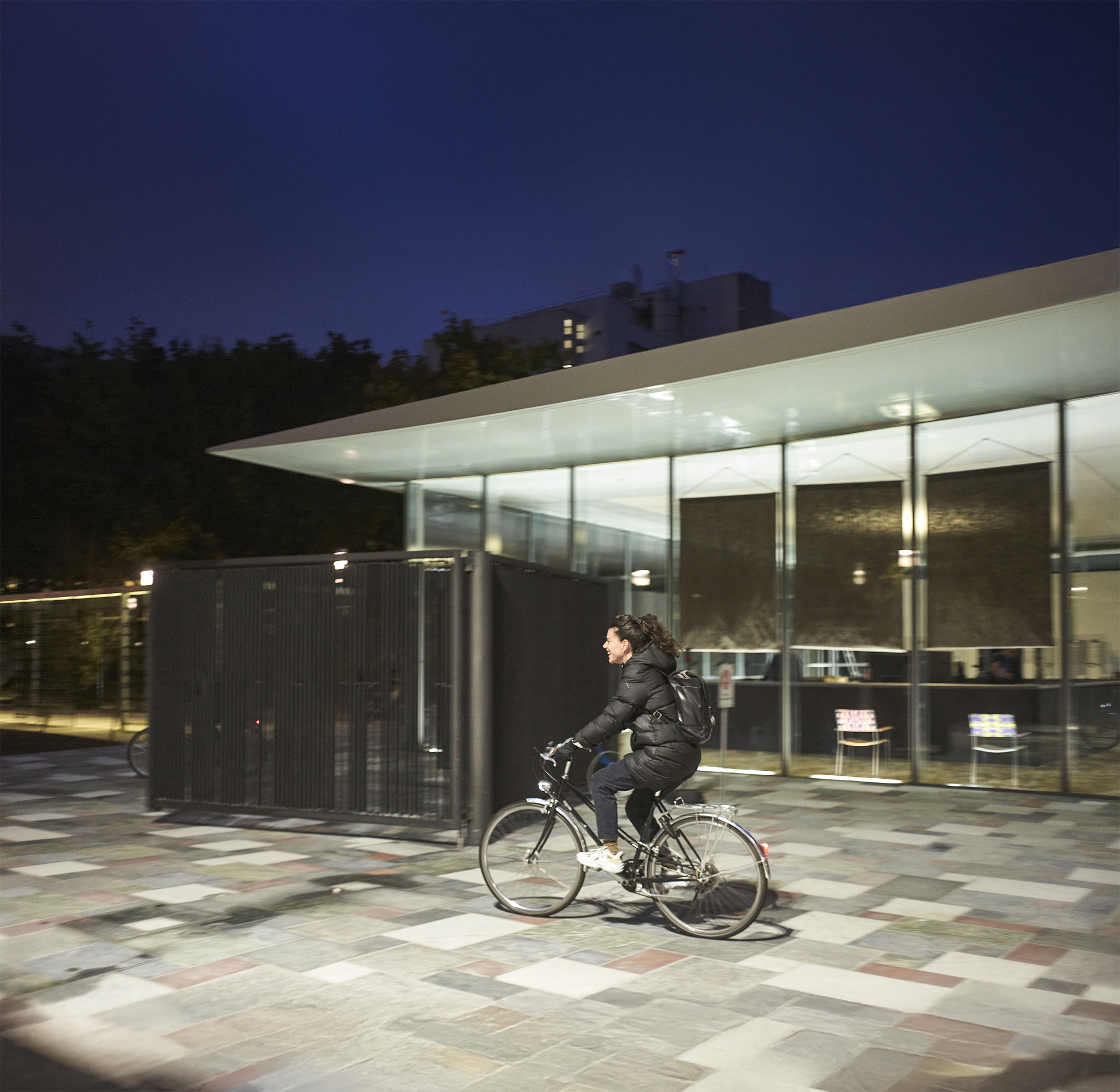 Nelly Riggenbach riding her bike on the Novartis Campus.