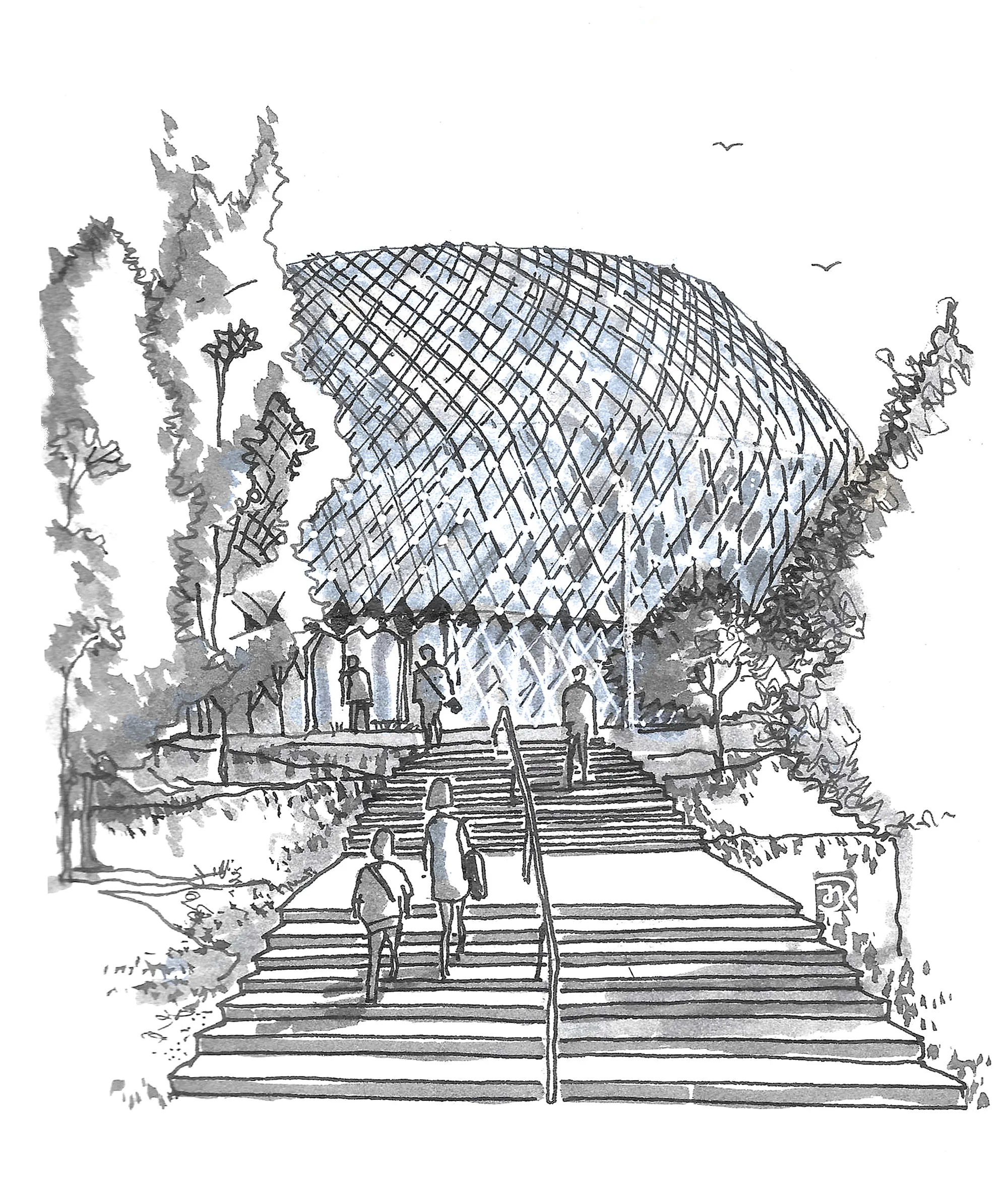 Black and white sketch showing staircases leading to the Novartis Pavillon in Basel.