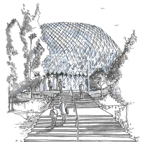 Black and white sketch showing staircases leading to the Novartis Pavillon in Basel.