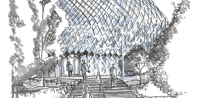 Black and white sketch showing staircases leading to the Novartis Pavillon in Basel.