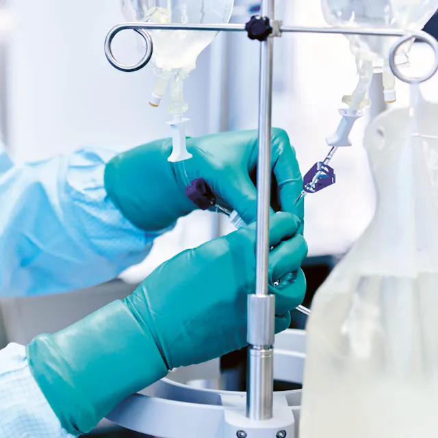 Employees practice handling patient batches with green protective gloves. 