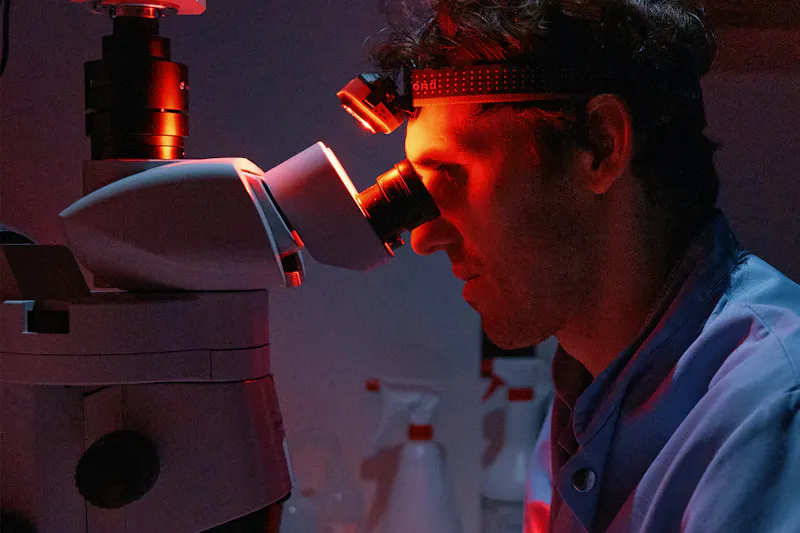 Matej Znidaric in the dark working on his sensor apparatus.