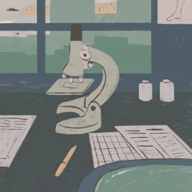 Illustration microscope in laboratory with notes on table.