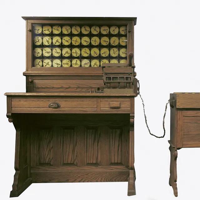 Replica of the Hollerith Electric Tabulating System The 60 million cards punched in the 1890 United States census were fed manually into machines like this for processing. The dials counted the number of cards with holes in a particular position. The sorter on the right would be activated by certain hole combinations, allowing detailed statistics to be generated (for example, the number of married farmers over 40 years of age). An average operator could process about 7000 cards a day, at least 10 times faster than manual methods.