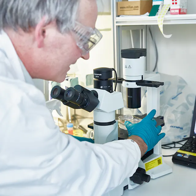 Matthias Mueller in his laboratory on the Novartis Campus in Basel where he differentiates induced pluripotent stem cells (iPS cells) to achieve the desired cell type. The cells are given a nutrient solution, stored in incubators and their quality and characteristics are checked on a regular basis.