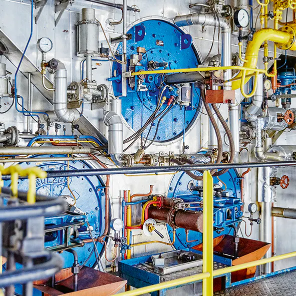 Close-up of a steam boiler.