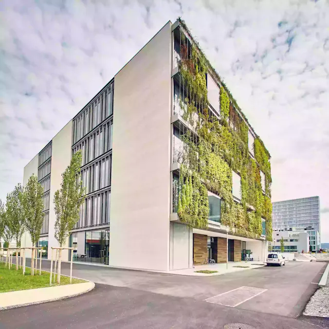 Outside view of the Virchow 16 building on the Novartis Campus in Basel, which was designed by Indian architect Rahul Mehrotra.