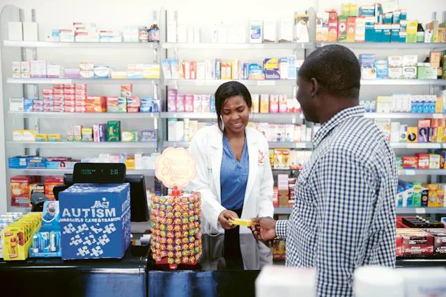 Théophile Sebgo in a pharmacy in Ghana. 