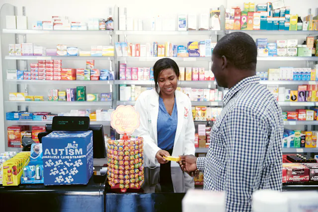 Théophile Sebgo in a pharmacy in Ghana.