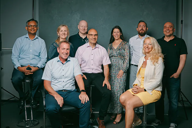 The PharmaLedger Team (from left to right): Amit D. Deshpande, Darlene MacDonald, Daniel Fritz, Patrick Maher, Marco Cuomo, Gwenaelle Nicolas, Francesco Spoto, Sonja Steiner, Jan Jeker.