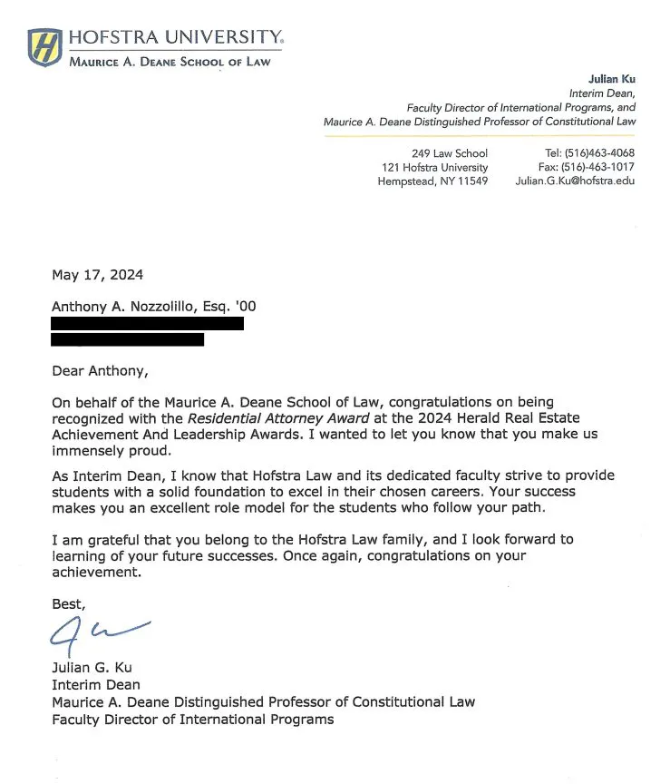 Hofstra recognition letter — Anthony A. Nozzolillo, Esq.