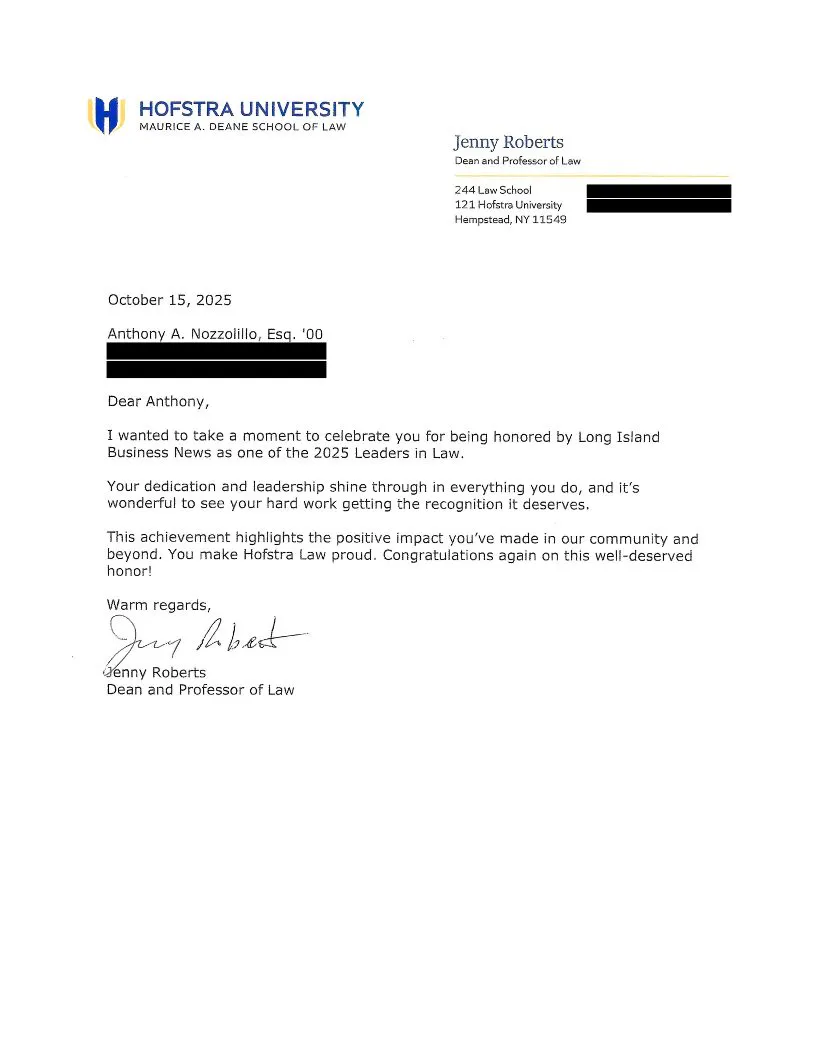 Anthony A. Nozzolillo, Esq. Hofstra Law Dean letter of acknowledgement, Long Island Business News 2025