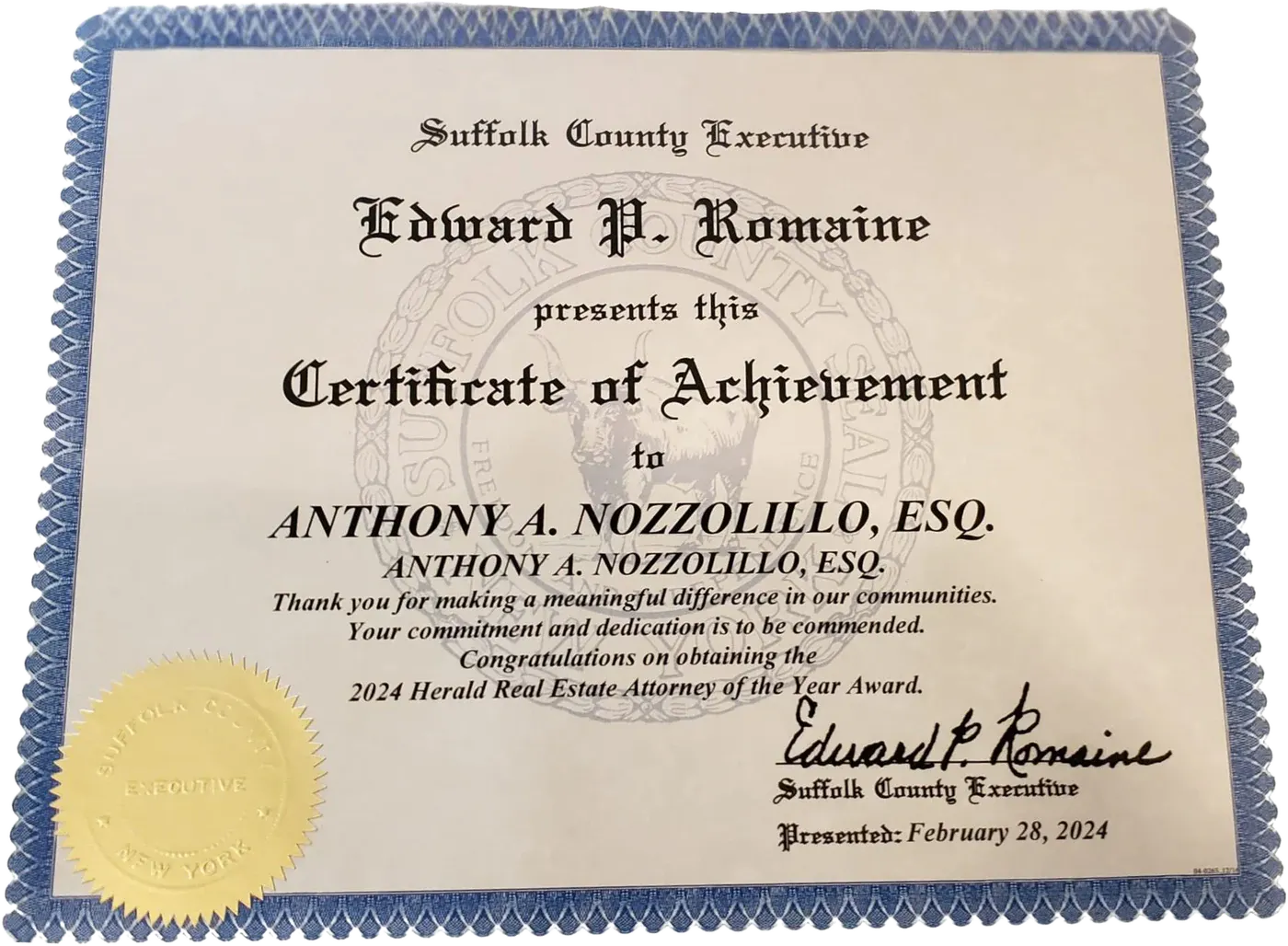 Anthony A. Nozzolillo — Certificate of Achievement — Suffolk County Executive