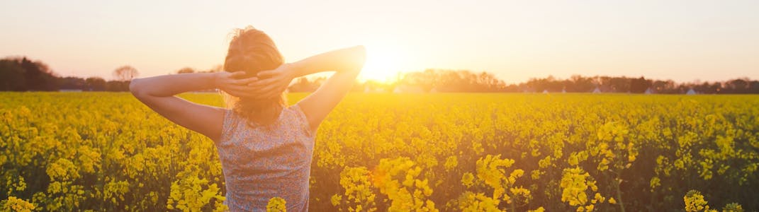 A woman stands with her arms up in a field of yellow flowers with the sunset in the background.