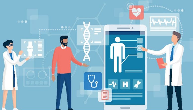 Illustration of a doctor and medical researchers.