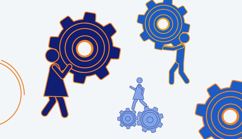 Graphic of people holding gears and walking.