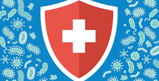 An illustrated medical symbol surrounded by illustrated germs.