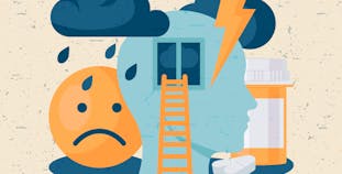An illustration of clouds and thunder with a sad face to symbolize chronic pain.