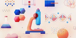 An illustrated scientific graphic with a microscope in the center.