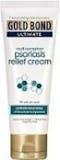 A bottle of Gold Bond: Multi-Symptom Psoriasis Relief Cream.