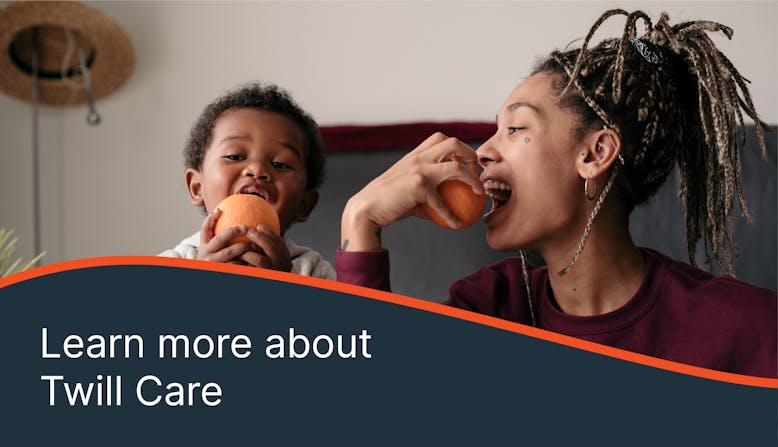 A black woman and young boy pose about to bite into oranges. "Learn more about Twill Care"