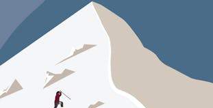 An illustration of a mountain climber reaching a snowy peak. 