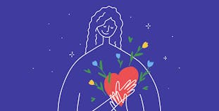 A drawing of a woman holding a heart with flowers.