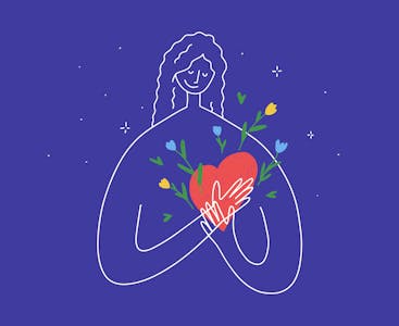 A drawing of a woman holding a heart with flowers.