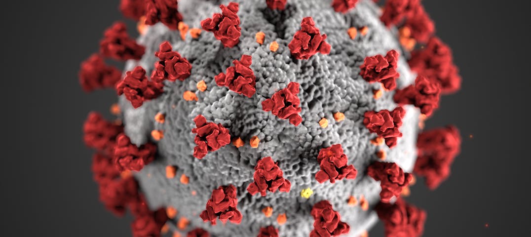A close-up of an illustrated model of the COVID-19 virus.