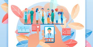 An illustration featuring health care providers and technology. 