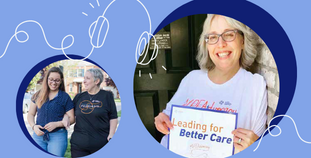 Images of Julie Greenwood and her daughter overlaid with a graphic of headphones.